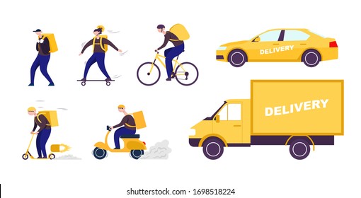 Set delivery shipping transport with courier. Flat vector color cartoon icon isolated on white for web.