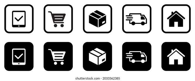 Set of delivery and shopping icons. Package tracking, order delivery status. Online purchase, express courier delivery. Vector.