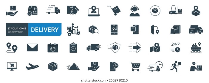 Set of Delivery solid Icons vector. Contains such Icons as Delivery, Logistics, Shipping, Supply, and more.