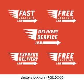 Set of delivery text signs and label. Vector set of delivery service on red background. Free delivery, free shipping labels. Illustration of shipments and free delivery