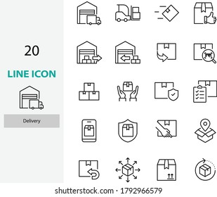 conjunto de iconos de línea delgada de entrega, caja, envío