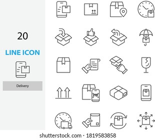 conjunto de iconos de línea delgada de entrega, caja, envío, servicio al cliente