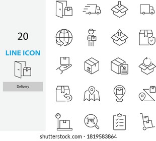 conjunto de iconos de línea delgada de entrega, caja, envío, servicio al cliente