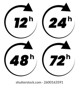 Set of delivery time icons showing 12, 24, 48, and 72 hours vector on white background