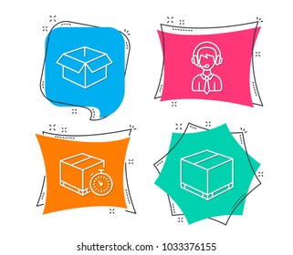 Set of Delivery timer, Shipping support and Opened box icons. Delivery box sign. Express logistics, Shipping parcel, Cargo package.  Flat geometric colored tags. Vivid banners. Trendy graphic design