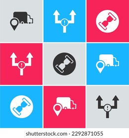 Ajuste el seguimiento de entrega, la flecha y el cristal de arena antiguo con el icono de arena. Vector
