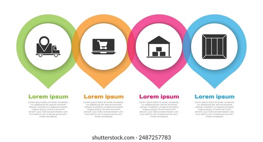 Set Delivery tracking, Shopping cart on laptop, Warehouse and Wooden box. Business infographic template. Vector