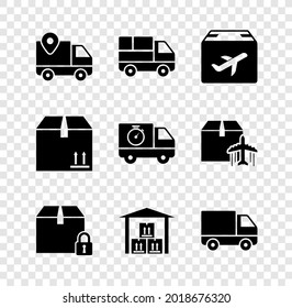 Lieferverlagerung, LKW mit Kisten, Pappe und Pappe, Gepäckstück, Lager, Frachtfahrzeug, Pappverkehr und Stoppuhr-Symbol. Vektorgrafik