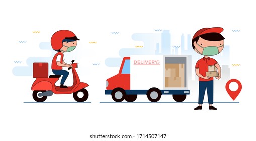 Set of Delivery transport scooter with delivery man. Delivery man and track. Flat design modern vector illustration concept.