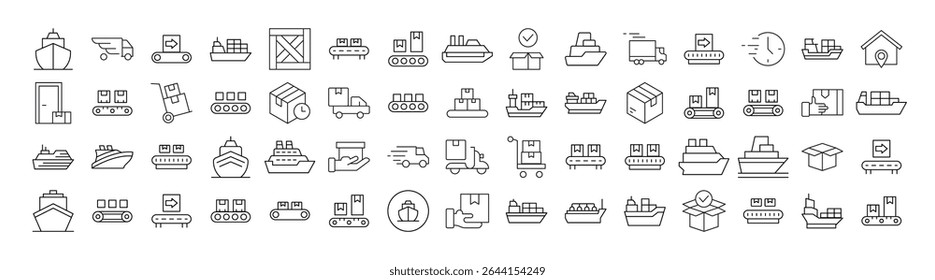 Conjunto de Ícones de Linha Relacionados a Distribuição e Transporte. Outline Signs para Gráficos e Web Design, Apps, Anúncios, Vários Cartões 