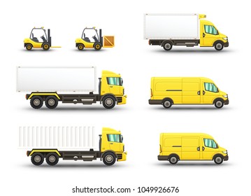 Set of delivery and transportation vehicles illustrations isolated on white background.