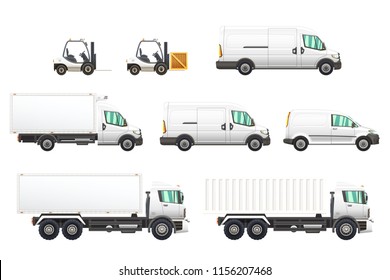 Set of delivery and transportation vehicles illustrations isolated on white background.