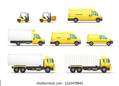 Set of delivery and transportation vehicles illustrations isolated on white background.