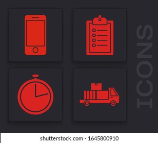 Set Delivery truck with cardboard boxes, Mobile phone with app delivery tracking, Verification of delivery list clipboard  and Stopwatch  icon. Vector