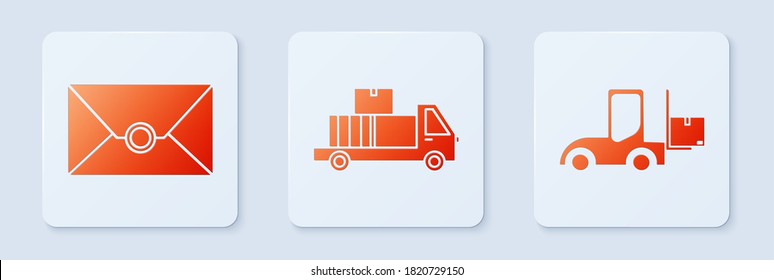 Set Delivery truck with cardboard boxes, Envelope  and Forklift truck . White square button. Vector