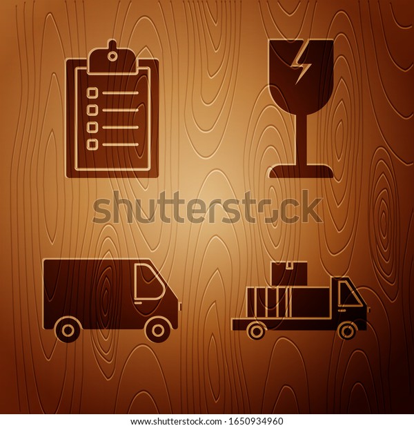 Set Delivery truck\
with cardboard boxes, Verification of delivery list clipboard ,\
Delivery cargo truck vehicle  and Fragile broken glass symbol on\
wooden background. Vector