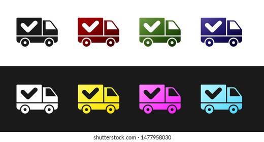Set Delivery truck with check mark icon isolated on black and white background.  Vector Illustration