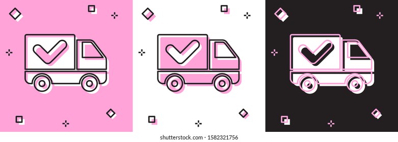 Set Delivery truck with check mark icon isolated on pink and white, black background.  Vector Illustration