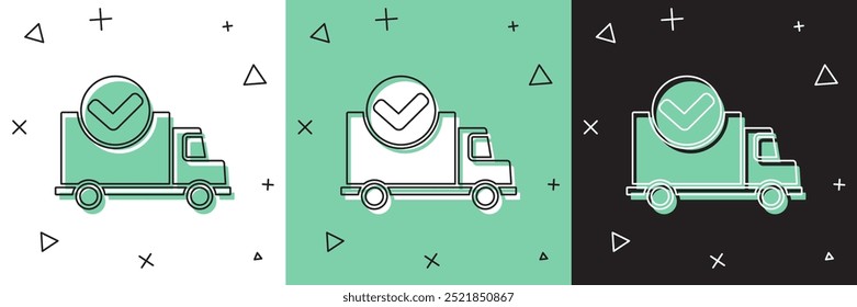 Set Delivery truck with check mark icon isolated on white and green, black background.  Vector Illustration