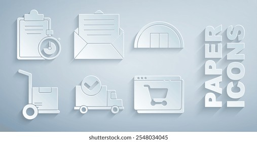 Definir Caminhão de entrega com marca de verificação, Depósito, Mão e caixas, Compras on-line na tela, Envelope e verificação de lista de entrega ícone da área de transferência. Vetor