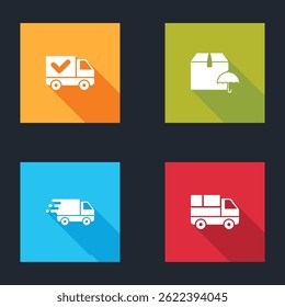 Set Delivery truck with check mark, package umbrella, in movement and boxes icon. Vector