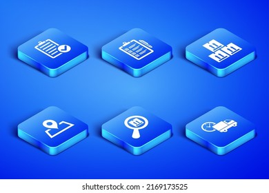 Set Delivery truck and clock, Verification of delivery list, Search package, Placeholder map,  and Cardboard box with traffic icon. Vector