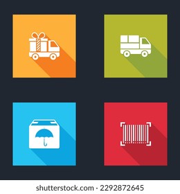 Set Delivery truck with gift, boxes, package umbrella and Barcode icon. Vector