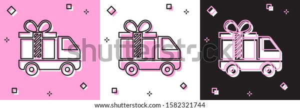 Set Delivery truck with
gift icon isolated on pink and white, black background.  Vector
Illustration