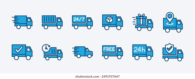 Set of delivery truck icon vector. Containing express, fast, location, logistic, distribution, shipment, protection, 24 hours, free shipping, package, time, confirmation, tracking, and freight