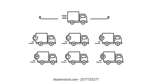 Set of delivery truck icons. ollection of simple linear web icons from different delivery tracks. Editable vector stroke