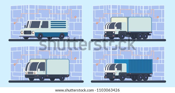 Set of delivery truck with map and route\
transportation. Lorry car.Vehicle for fast transportation goods.\
Logistics delivery\
service.