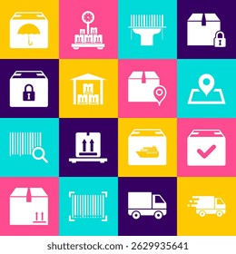 Set Delivery truck in movement, Package box with check mark, Placeholder on map, Scanner scanning bar code, Warehouse, Locked package, umbrella and Location cardboard icon. Vector