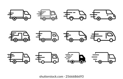 Set of Delivery Truck Outline Icons, Collection of delivery truck icons in outline style, symbolizing speed, logistics, transportation, shipping, and courier services.