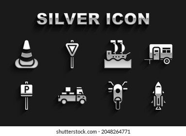 Set Delivery truck, Rv Camping trailer, Rocket ship with fire, Scooter, Parking, Sailboat, Traffic cone and Road traffic signpost icon. Vector