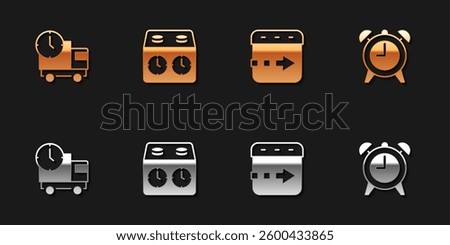 Set Delivery truck and time, Time chess clock, flies on the and Alarm icon. Vector