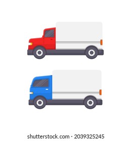 set of delivery truck vector illustrations in a collection designed in red and blue colors for transportation logistics and shipping illustration themes