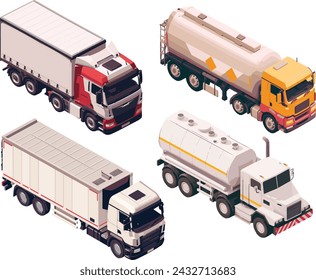 Set of delivery trucks in isometric view. 3d rendered low poly image. Transparent background