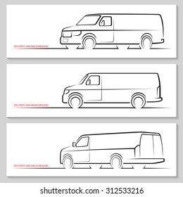 Set of delivery van or commercial vehicle silhouettes. Hand drawn car outlines / contours isolated on white background. Side view, front and rear 3/4 views. Vector illustration