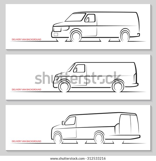 Set of delivery\
van or commercial vehicle silhouettes. Hand drawn car outlines /\
contours isolated on white background. Side view, front and rear\
3/4 views. Vector\
illustration