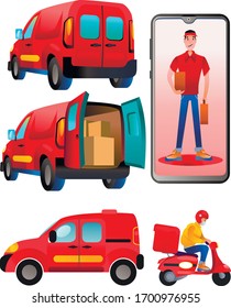Juego, entrega, camioneta, en línea, servicio, ciclomotor