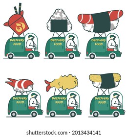 A set of delivery vans with Japanese food on the roof. A person carries an order by car.