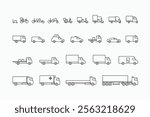 Set of delivery vehicle icons with bicycle, scooter, three wheeler cargo box, truck, van and trailer vector illustration. Line art outline style icon