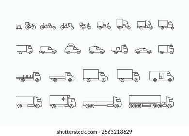 Set of delivery vehicle icons with bicycle, scooter, three wheeler cargo box, truck, van and trailer vector illustration. Line art outline style icon