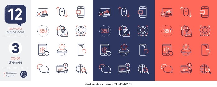 Set of Delivery, Web search and Swipe up line icons. Include Smartphone message, Smartphone recovery, Scroll down icons. 360 degrees, Winner podium, Artificial intelligence web elements. Vector