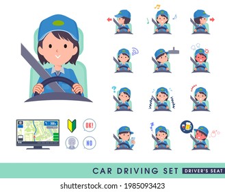 A set of Delivery woman driving a car(driving seat).It's vector art so easy to edit.