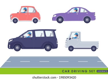 A set of Delivery woman driving a car(sideways).It's vector art so easy to edit.