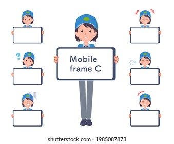 A set of Delivery woman and smartphone screen.type-C.It's vector art so easy to edit.The inside of the screen is transparent, so it is easy to fit.