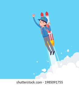 A set of Delivery woman taking off with a rocket jet.It's vector art so easy to edit.