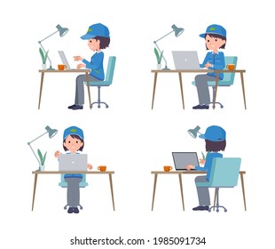 A set of Delivery woman working at a desk at a computer.It's vector art so easy to edit.
