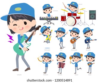 A set of delivery women playing rock 'n' roll and pop music.There are also various instruments such as ukulele and tambourine.It's vector art so it's easy to edit.